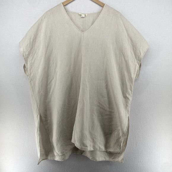 EILEEN FISHER Tunic Top S Linen Striped V-neck Kaftan Cover Up Beige - Picture 1 of 10